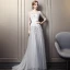 Elegant Grey Evening Dresses  2019 A-Line / Princess Scoop Neck Beading Crystal Lace Flower Sequins 1/2 Sleeves Backless Court Train Formal Dresses