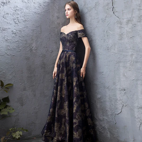 Elegant Navy Blue Prom Dresses 2019 A-Line / Princess Off-The-Shoulder Lace Rhinestone Short Sleeve Backless Floor-Length / Long Formal Dresses