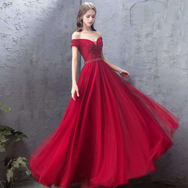 Charmant Bordeaux Robe De Soirée 2019 Princesse De l'épaule Perlage Cristal En Dentelle Fleur Paillettes Manches Courtes Dos Nu Longue Robe De Ceremonie