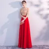 Eleganckie Czerwone Sukienki Wieczorowe 2019 Princessa Przy Ramieniu Cekiny Koronkowe Kutas Kótkie Rękawy Bez Pleców Długie Sukienki Wizytowe