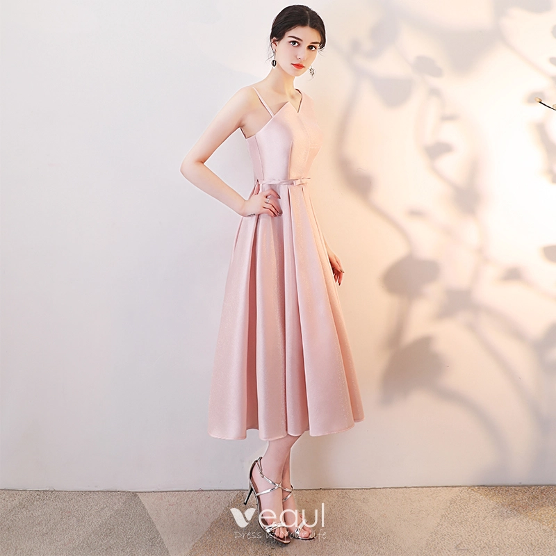 Modest Simple Blushing Pink Homecoming Graduation Dresses 2019 A Line  Princess Spaghetti Straps Bow Sleeveless Backless Tea Length Formal Dresses