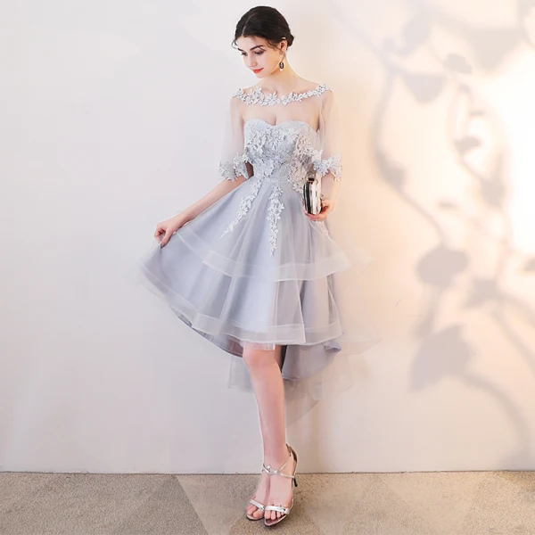 Chic Beautiful Grey Cocktail Dresses 2019 A-Line Princess Scoop Neck Lace Appliques 1/2
