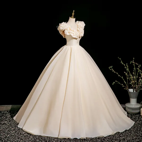 Elegant Champagne Appliques Prom Dresses 2025 Ball Gown Ruffle V-Neck Sleeveless Backless Floor-Length / Long Prom Formal Dresses