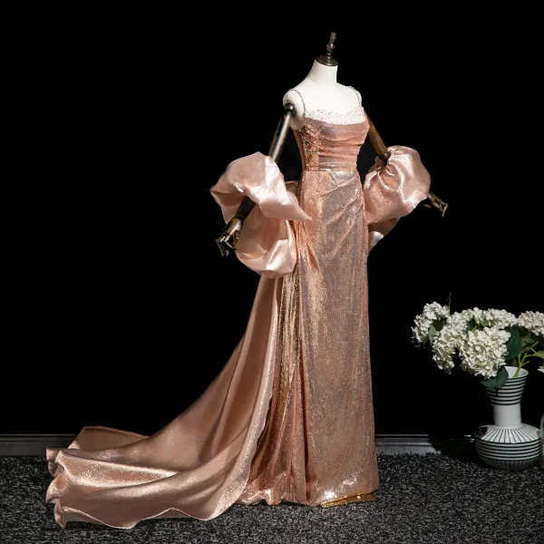 Sexy Scintillantes Or Rose Perlage Perle Paillettes Robe De Soirée 2025 Trompette / Sirène Bretelles Spaghetti Sans Manches Dos Nu Train De Balayage Soirée Robe De Ceremonie