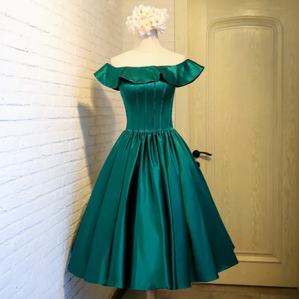 Vintage / Retro Dark Green Homecoming Graduation Dresses 2019 A-Line / Princess Off-The-Shoulder Ruffle Short Sleeve Backless Short Formal Dresses