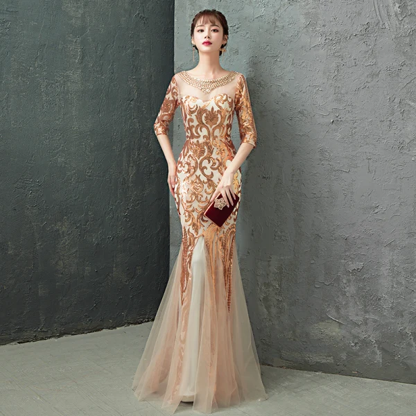 Charming Gold Evening Dresses 2019 Trumpet / Mermaid Scoop Neck Crystal Sequins 1/2 Sleeves Backless Floor-Length / Long Formal Dresses