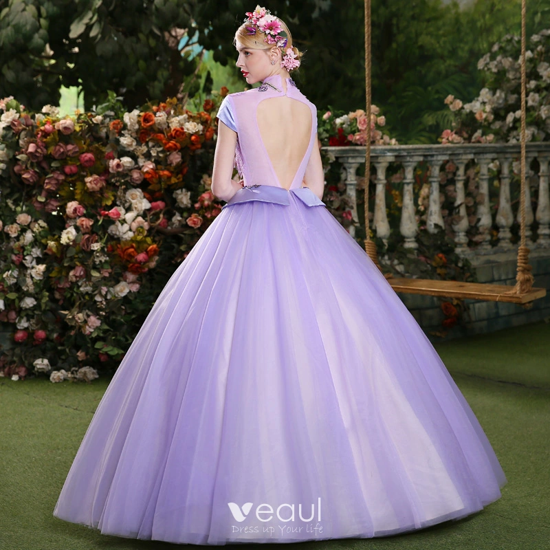 Affordable Lilac Prom Dresses 2019 Ball Gown High Neck Crystal Lace Flower Short Sleeve Backless Floor Length Long Formal Dresses