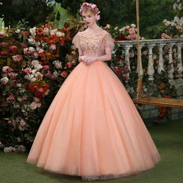 Affordable Pearl Pink Prom Dresses 2019 Ball Gown Scoop Neck Lace Appliques Pearl Short Sleeve Backless Floor-Length / Long Formal Dresses