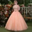 Affordable Pearl Pink Prom Dresses 2019 Ball Gown Scoop Neck Lace Appliques Pearl Short Sleeve Backless Floor-Length / Long Formal Dresses