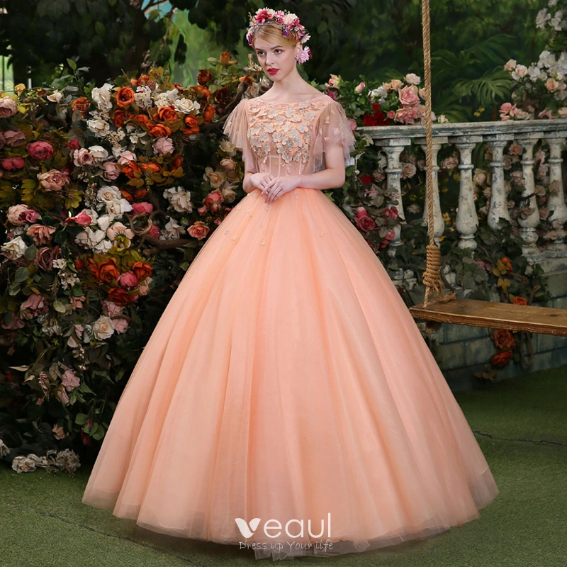 Affordable Pearl Pink Prom Dresses 2019 Ball Gown Scoop Neck Lace Appliques Pearl Short Sleeve Backless Floor Length Long Formal Dresses