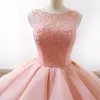 Elegant Pearl Pink Prom Dresses 2019 Ball Gown Scoop Neck Beading Sleeveless Backless Cascading Ruffles Court Train Formal Dresses