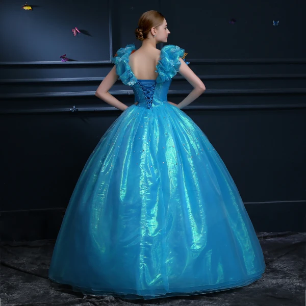 Affordable Cinderella Pool Blue Prom Dresses 2019 Ball Gown Glitter Tulle Scoop Neck Butterfly Appliques Sleeveless Backless Floor-Length / Long Formal Dresses