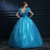 Niedrogie Kopciuszek Niebieskie Sukienki Na Bal 2019 Suknia Balowa Cekinami Tiulowe Wycięciem Motyl Aplikacje Bez Rękawów Bez Pleców Długie Sukienki Wizytowe