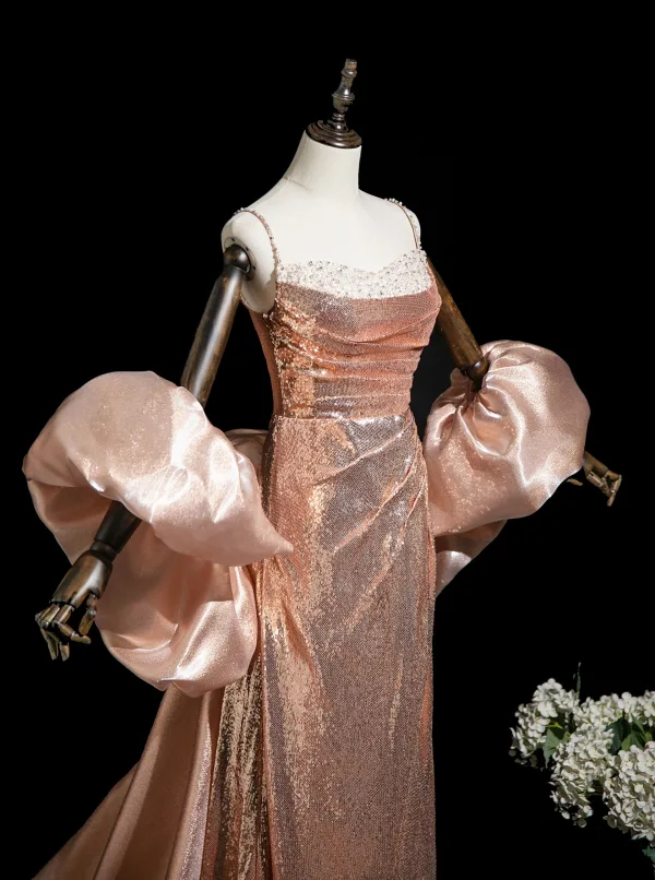 Sexy Scintillantes Or Rose Perlage Perle Paillettes Robe De Soirée 2025 Trompette / Sirène Bretelles Spaghetti Sans Manches Dos Nu Train De Balayage Soirée Robe De Ceremonie