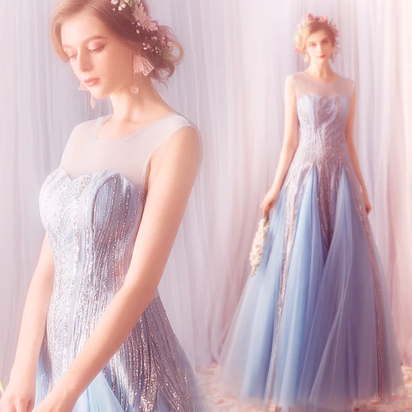 Elegant Sky Blue Prom Dresses 2019 A-Line / Princess Scoop Neck Glitter Sequins Tulle Sleeveless Backless Floor-Length / Long Formal Dresses
