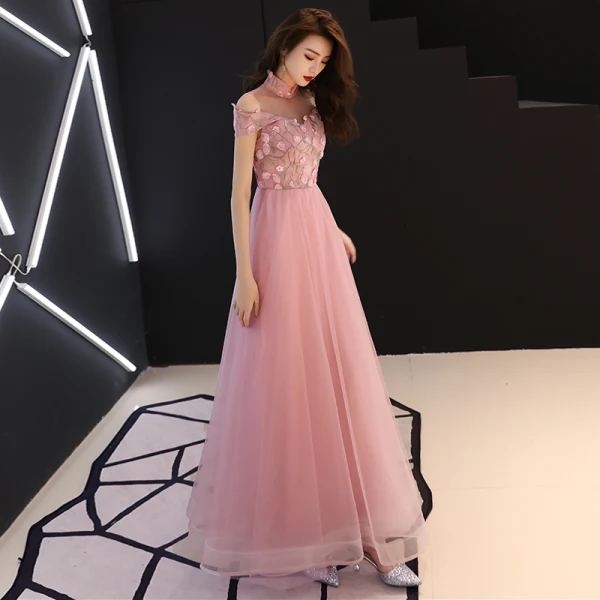 Chinese style Blushing Pink Prom Dresses 2019 A-Line / Princess High Neck Lace Flower Short Sleeve Backless Floor-Length / Long Formal Dresses