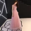Chinese style Blushing Pink Prom Dresses 2019 A-Line / Princess High Neck Lace Flower Short Sleeve Backless Floor-Length / Long Formal Dresses