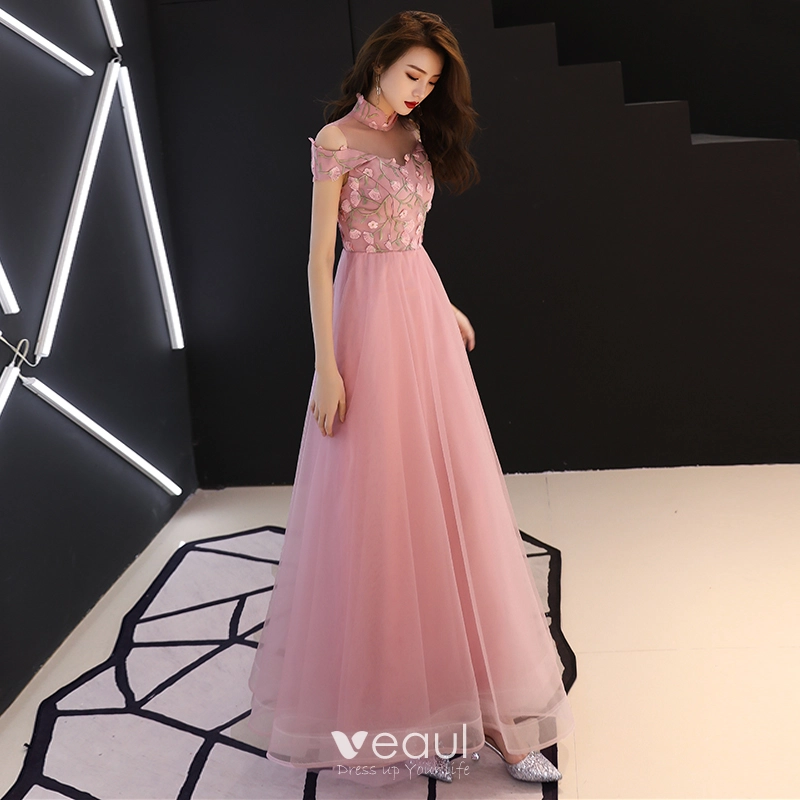 Chinese style Blushing Pink Prom Dresses 2019 A Line Princess High Neck Lace Flower Short Sleeve Backless Floor Length Long Formal Dresses