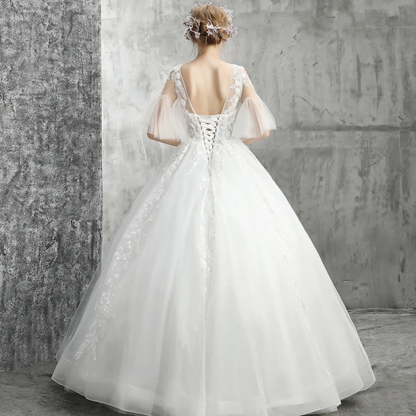 Elegante Weiß Brautkleider / Hochzeitskleider 2019 Ballkleid Rundhalsausschnitt Perlenstickerei Kristall Pailletten Blumen Spitze 1/2 Ärmel Rückenfreies Lange