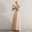 Elegant Champagne Prom Dresses 2019 A-Line / Princess Scoop Neck Beading Lace Appliques Ruffle Short Sleeve Backless Floor-Length / Long Formal Dresses