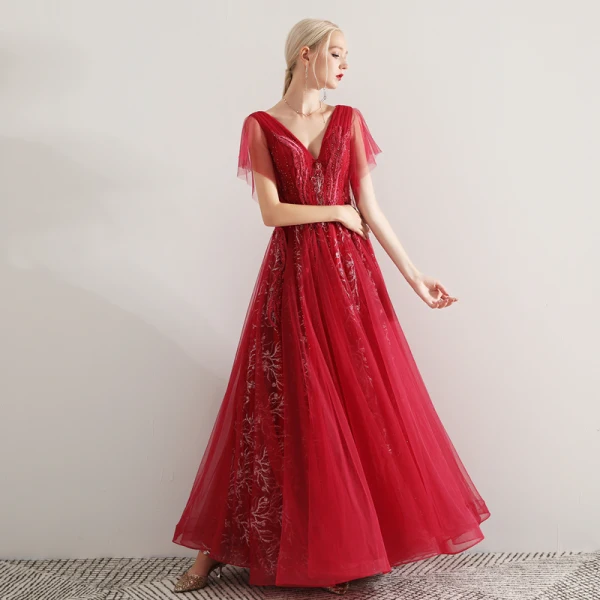 Chic / Beautiful Burgundy Evening Dresses  2019 A-Line / Princess V-Neck Lace Appliques Beading Crystal Short Sleeve Backless Floor-Length / Long Formal Dresses