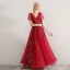 Chic / Beautiful Burgundy Evening Dresses  2019 A-Line / Princess V-Neck Lace Appliques Beading Crystal Short Sleeve Backless Floor-Length / Long Formal Dresses