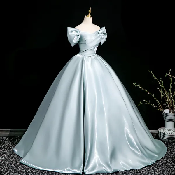 Chic / Beautiful Sky Blue Prom Dresses 2025 Ball Gown Off-The-Shoulder Short Sleeve Backless Floor-Length / Long Prom Formal Dresses