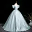 Chic / Beautiful Sky Blue Prom Dresses 2025 Ball Gown Off-The-Shoulder Short Sleeve Backless Floor-Length / Long Prom Formal Dresses
