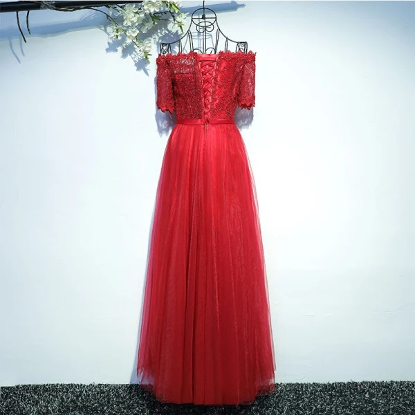 Luxury / Gorgeous Red Formal Dresses 2017 Lace Flower Bow Sequins Square Neckline Short Sleeve Floor-Length / Long A-Line / Princess Evening Dresses