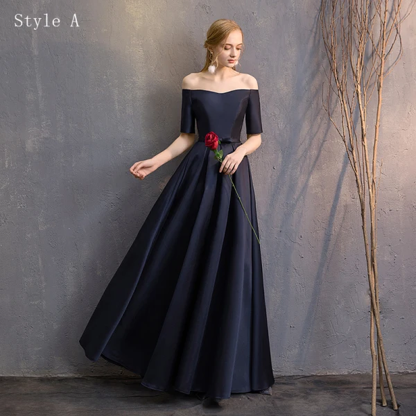 Modest / Simple Navy Blue A-Line / Princess Bridesmaid Dresses 2019 Bow Backless Floor-Length / Long Wedding Party Dresses