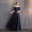 Modest / Simple Navy Blue A-Line / Princess Bridesmaid Dresses 2019 Bow Backless Floor-Length / Long Wedding Party Dresses