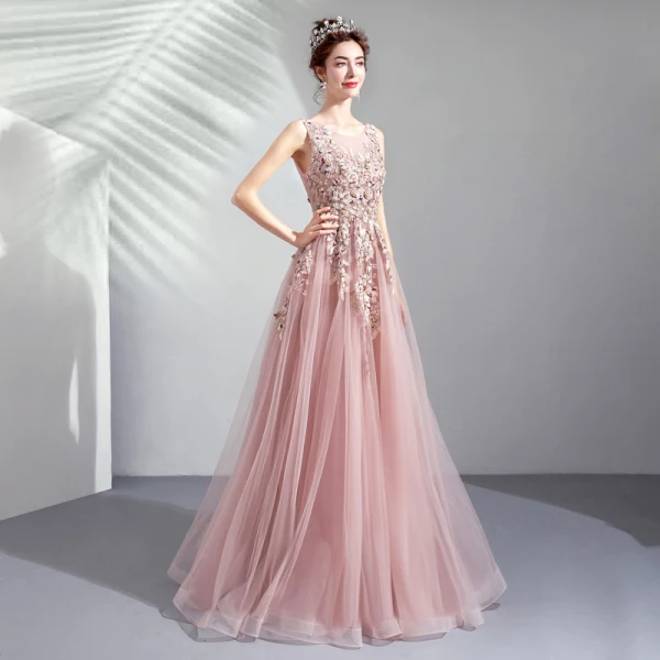 Chic / Beautiful Pearl Pink Prom Dresses 2019 A-Line / Princess Scoop Neck Embroidered Pearl Rhinestone Sleeveless Backless Floor-Length / Long Formal Dresses