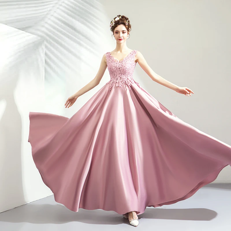 Modest Simple Blushing Pink Prom Dresses 2019 A Line Princess V Neck Lace  Flower Sleeveless Backless Floor Length Long Formal Dresses