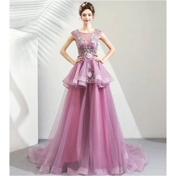 Chic / Beautiful Purple Prom Dresses 2019 A-Line / Princess Scoop Neck Appliques Lace Rhinestone Sleeveless Court Train Formal Dresses