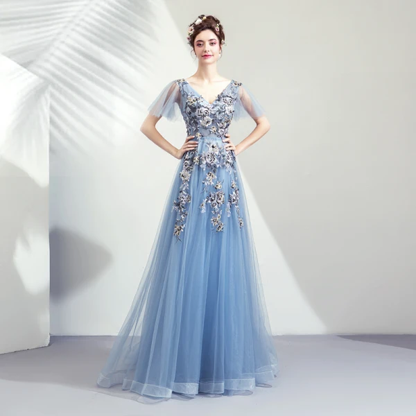 Élégant Bleu Ciel Robe De Bal 2019 Princesse V-Cou Appliques En Dentelle Cristal Paillettes Manches Courtes Dos Nu Longue Robe De Ceremonie