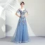 Élégant Bleu Ciel Robe De Bal 2019 Princesse V-Cou Appliques En Dentelle Cristal Paillettes Manches Courtes Dos Nu Longue Robe De Ceremonie