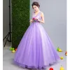 Affordable Lilac Prom Dresses 2019 A-Line / Princess V-Neck Appliques Lace Flower Beading Crystal Sleeveless Backless Floor-Length / Long Formal Dresses