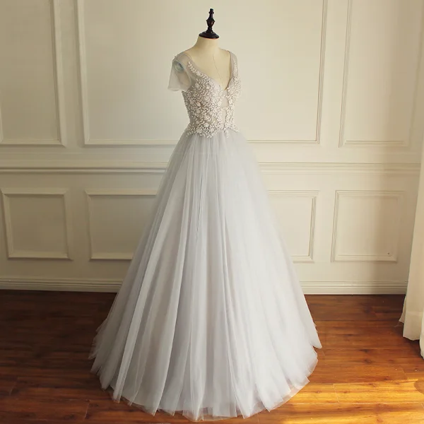 Chic / Beautiful Grey Prom Dresses 2018 A-Line / Princess Beading Lace Flower Sequins V-Neck Backless Short Sleeve Floor-Length / Long Formal Dresses