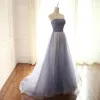 Chic / Beautiful Navy Blue Prom Dresses 2018 A-Line / Princess Beading Sequins Rhinestone Sweetheart Backless Sleeveless Sweep Train Formal Dresses