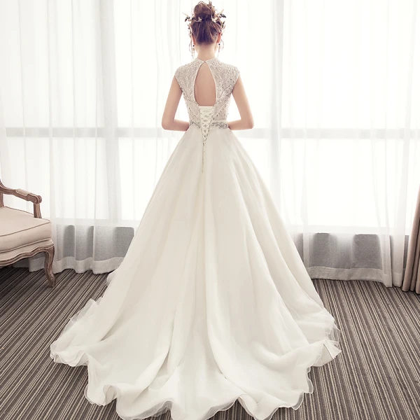 Luxury / Gorgeous Ivory Wedding Dresses 2019 A-Line / Princess High Neck Beading Crystal Lace Flower Pearl Sleeveless Backless Court Train