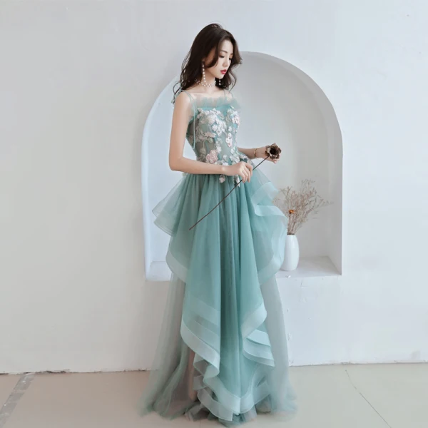 Modern / Fashion Jade Green Prom Dresses 2019 A-Line / Princess Spaghetti Straps Appliques Lace Sleeveless Backless Cascading Ruffles Floor-Length / Long Formal Dresses