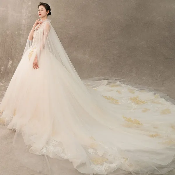 Luxury / Gorgeous Champagne Wedding Dresses 2019 A-Line / Princess Spaghetti Straps Beading Pearl Crystal Sleeveless Backless Lace Flower Royal Train