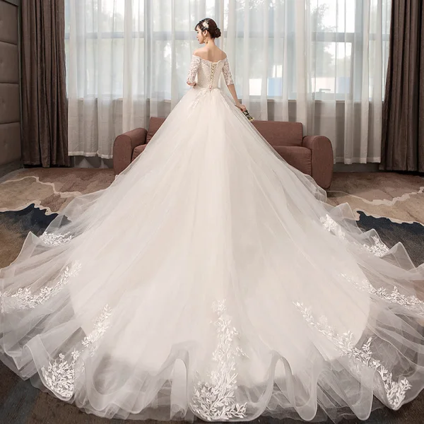 Élégant Champagne Robe De Mariée 2019 Princesse De l'épaule En Dentelle Fleur Paillettes 1/2 Manches Dos Nu Royal Train