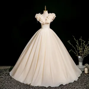 Élégant Champagne Appliques Robe De Bal 2025 Robe Boule Volants V Cou Sans Manches Dos Nu Longue Promo Robe De Ceremonie