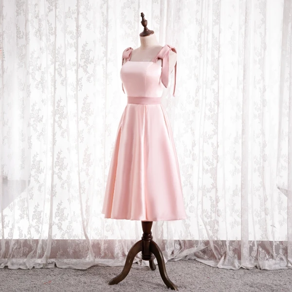 Lovely Candy Pink Satin Bridesmaid Dresses 2021 A-Line / Princess Square  Neckline Bow Sleeveless Backless Tea-