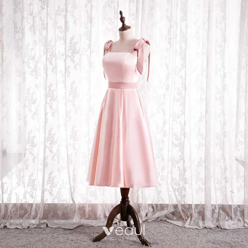 pink tea length bridesmaid dresses Blush Pink Bridesmaid Dress Tea-Length High Neck Sleeveless Stretch Satin Bridesmaid Dresses