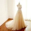 Elegant Champagne Wedding Dresses 2018 A-Line / Princess Beading Lace Appliques Spaghetti Straps Backless Sleeveless Chapel Train Wedding