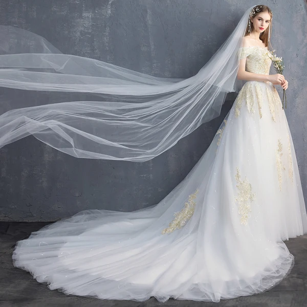 Élégant Blanche Robe De Mariée 2019 Princesse De l'épaule En Dentelle Fleur Paillettes Manches Courtes Dos Nu Cathedral Train