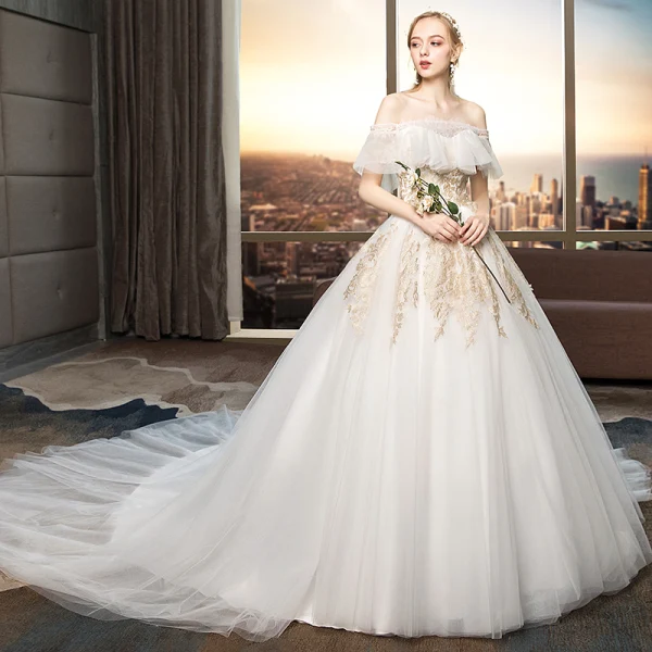 Modern / Fashion Ivory Wedding Dresses 2019 Ball Gown Off-The-Shoulder Lace Flower Short Sleeve Backless Cathedral Train