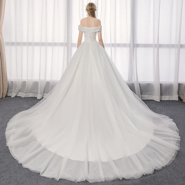 Elegant Ivory Wedding Dresses 2019 A-Line / Princess Off-The-Shoulder Lace Backless Short Sleeve Flower Cathedral Train